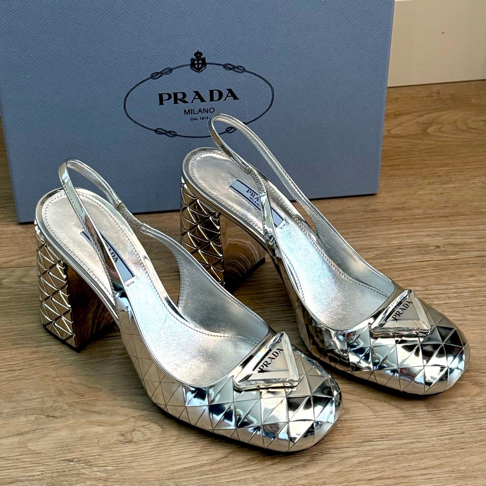 Prada Metallic Silver Spazzolato Triangle Block-Heel Slingback Pumps - EU 38